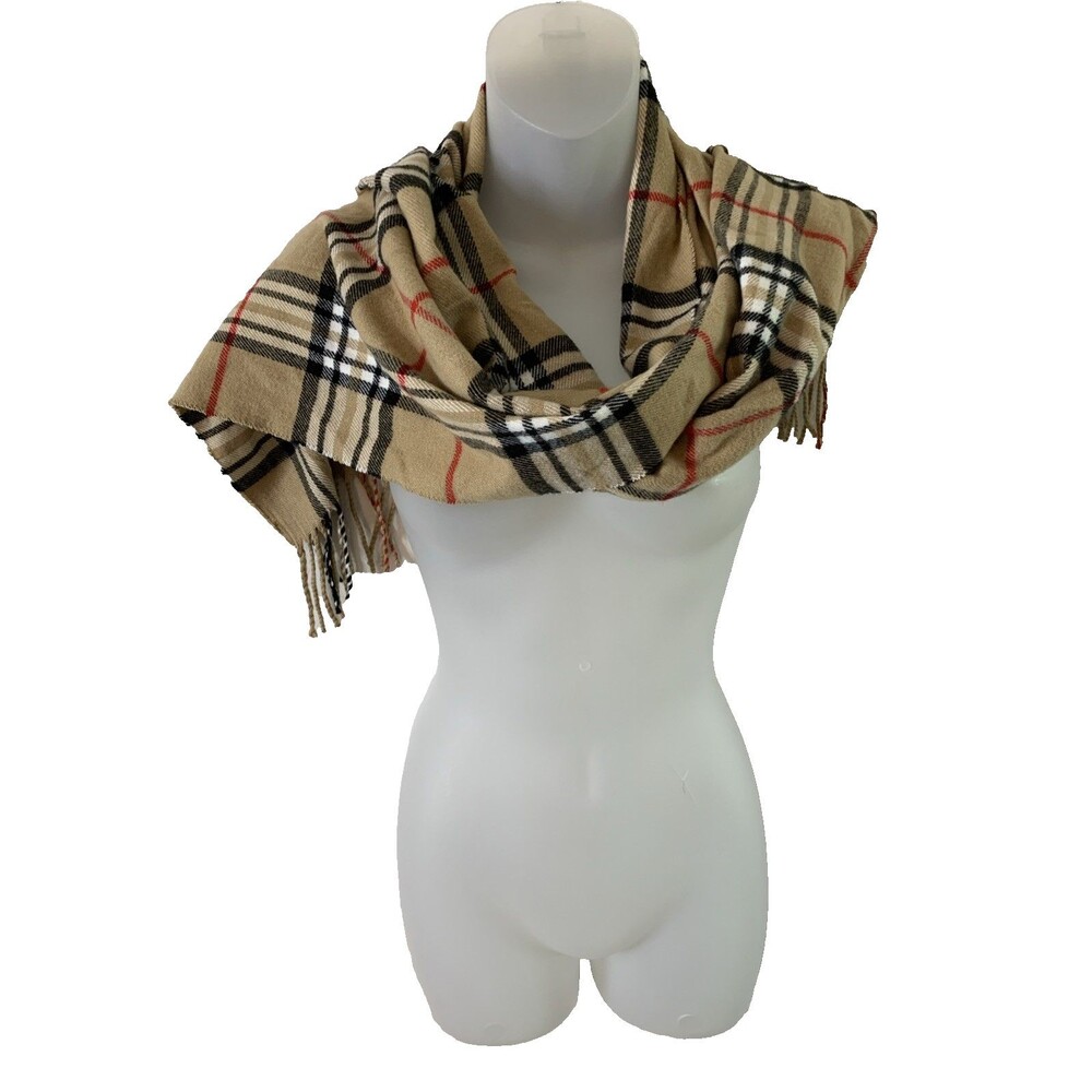 Plum Feathers Women's Scarf Fringe Tartan Plaid Tan Black Red White 72" x 12"